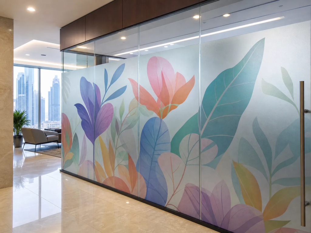 Printed frosted stickers for glass branding in Dubai