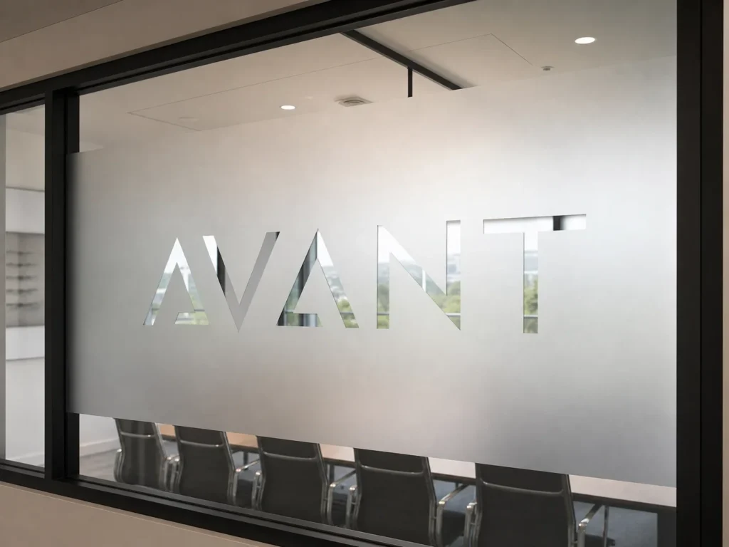 Logo cut frosted glass film for office privacy and branding in Dubai