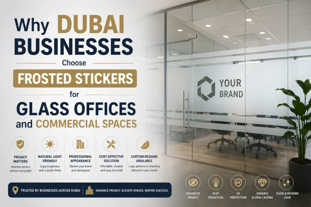 Frosted sticker installed on glass office partition in Dubai commercial workspace for privacy and modern branding