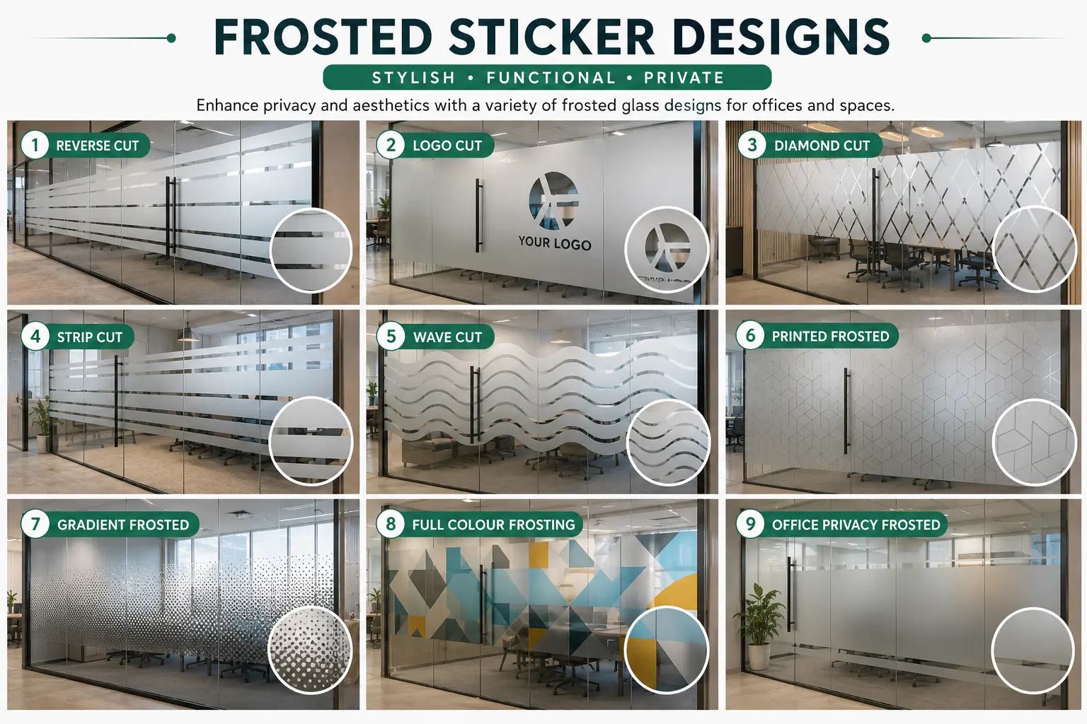 Frosted Sticker Design Ideas for Glass Partitions, Doors, and Offices